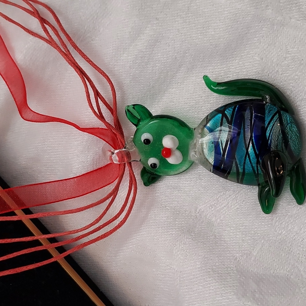 18"Art Glass Cat Pendant Ribbon Adjustable Size Necklace